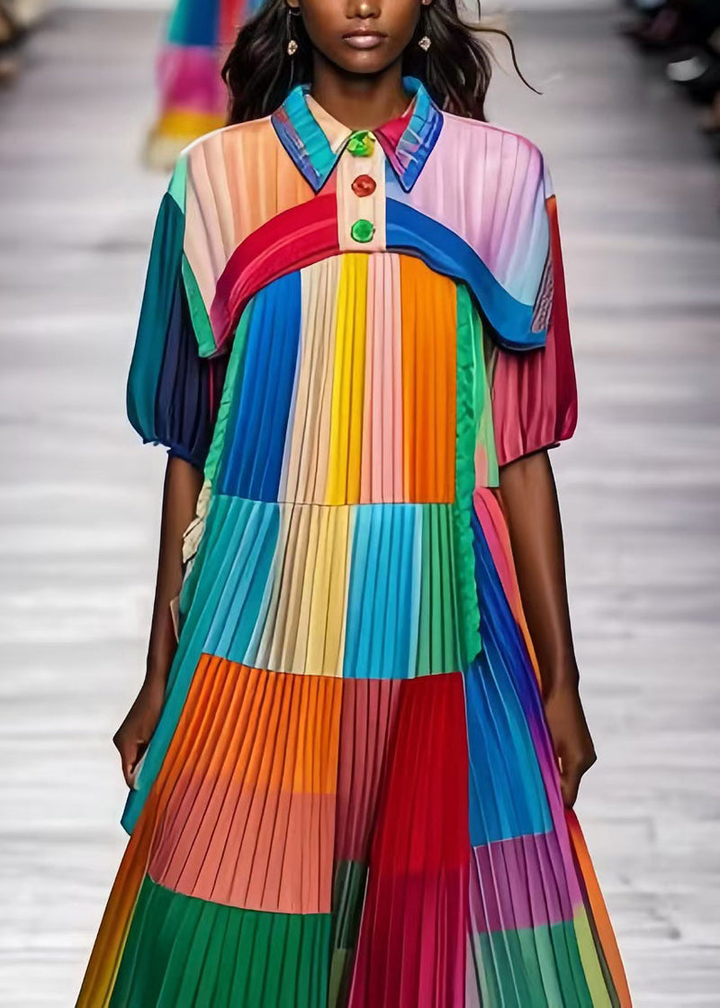 Colorblock Peter Pan Collar Patchwork Wrinkled Chiffon Beach Dress Summer