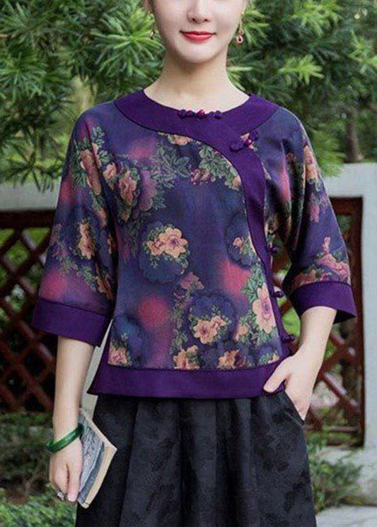 Oriental Purple Button O-neck Print Silk Tops Half Sleeve
