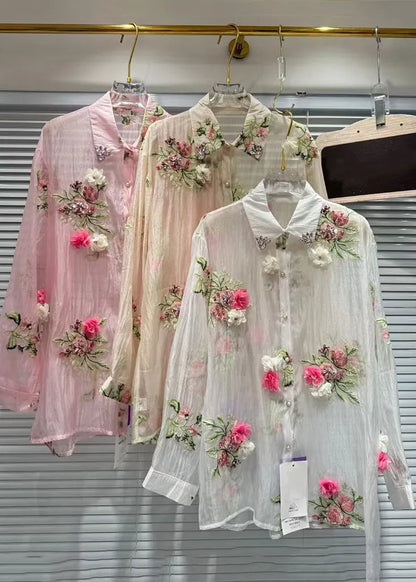 Pink Zircon Patchwork Cotton Shirts Fall