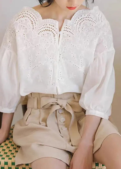 Unique White Hollow Out Shirts Puff Sleeve