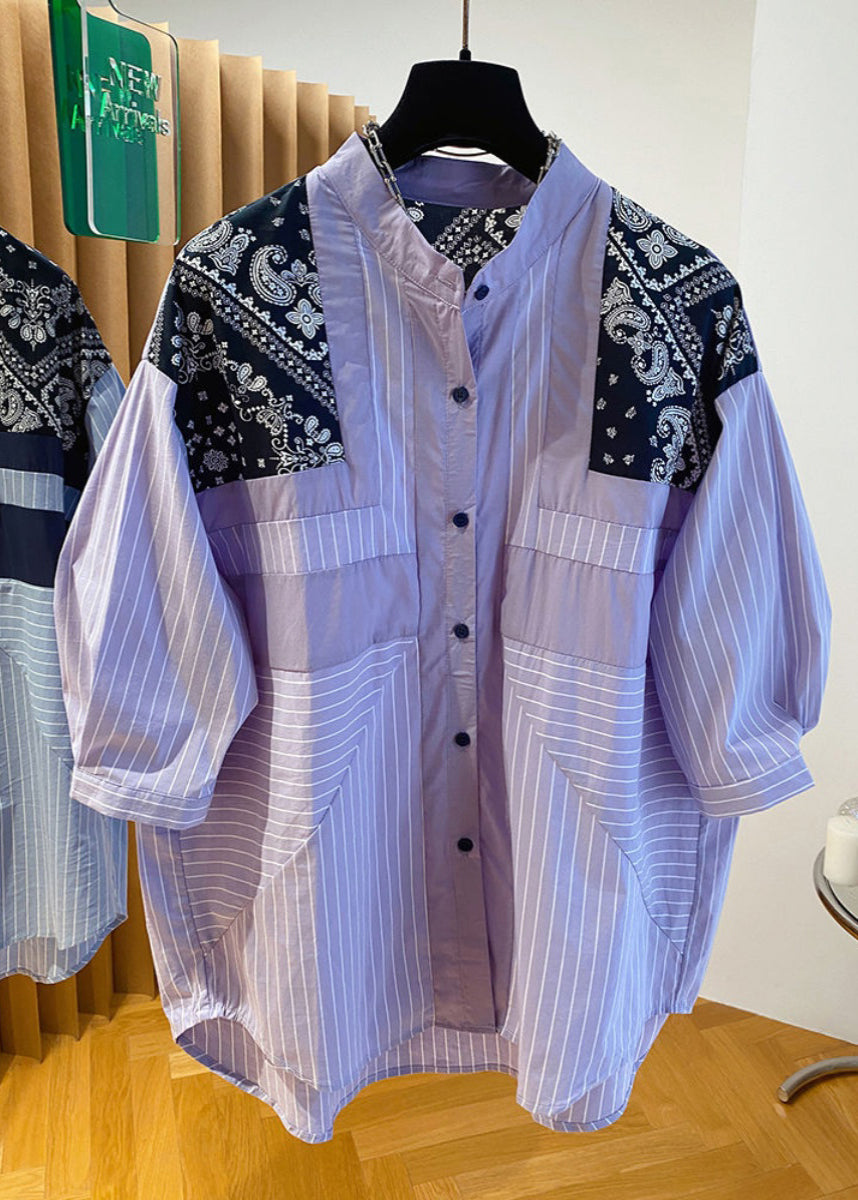 Blue Stand Collar Print Patchwork Shirt Fall