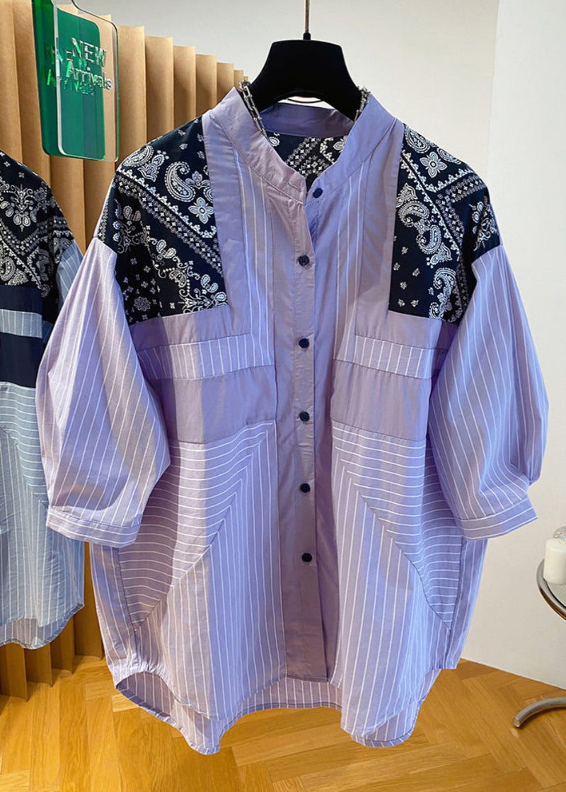 Blue Stand Collar Print Patchwork Shirt Fall