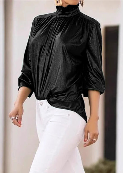 Style Green Turtleneck Patchwork Silk Velour Top Spring