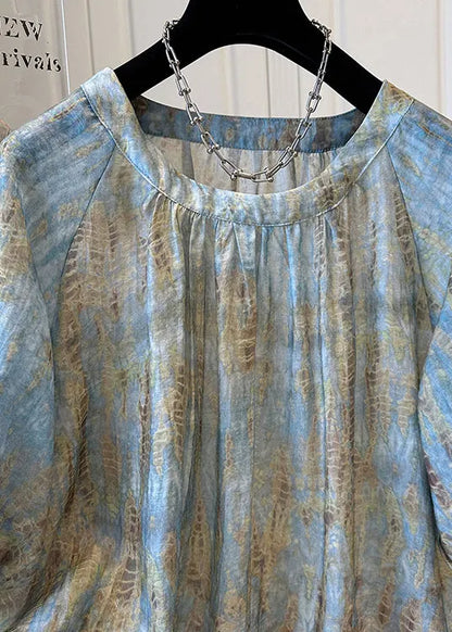 Handmade Blue O Neck Tie Dye Chiffon Top Bracelet Sleeve