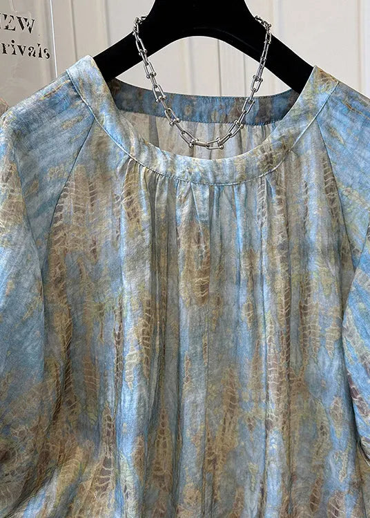 Handmade Blue O Neck Tie Dye Chiffon Top Bracelet Sleeve