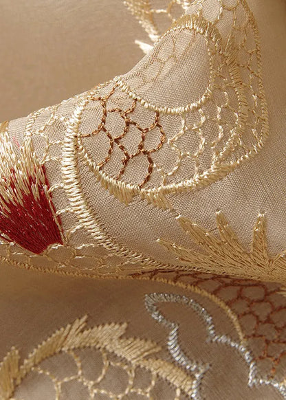 Chinese Style Khaki O-neck Embroidered Silk Shirts Spring