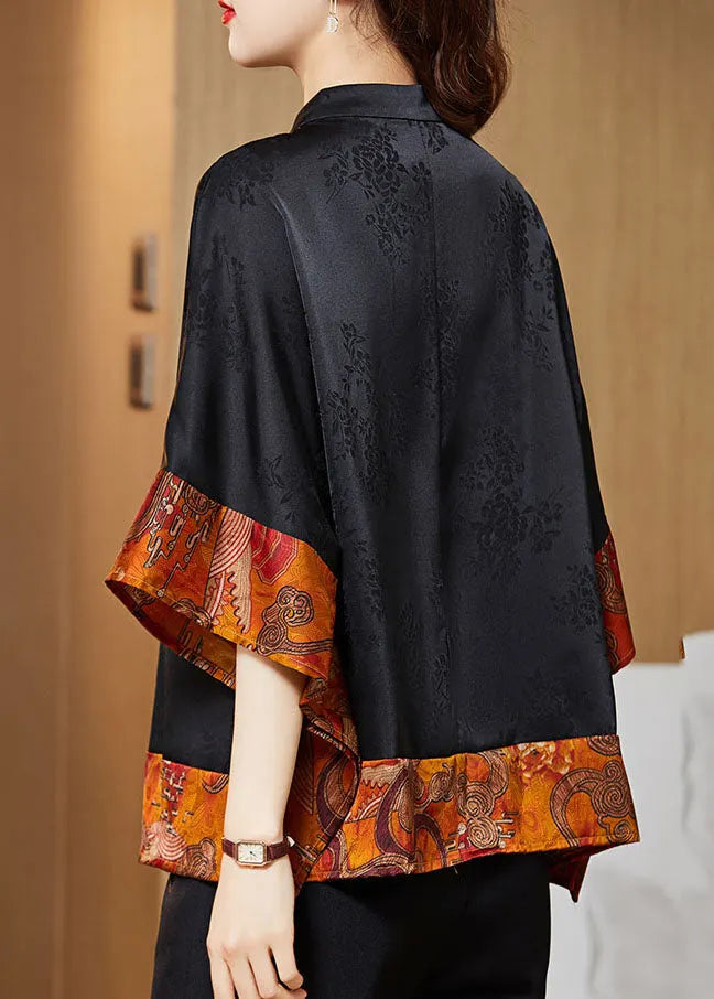 Green Polka Dots Mandarin Collar Asymmetrical Patchwork Jacquard Silk Shirts Batwing Sleeve