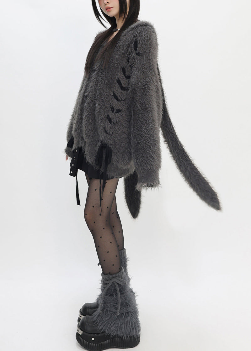 Dull Grey Hooded Rabbit Faux Mink Hair Knit Loose Coat Winter
