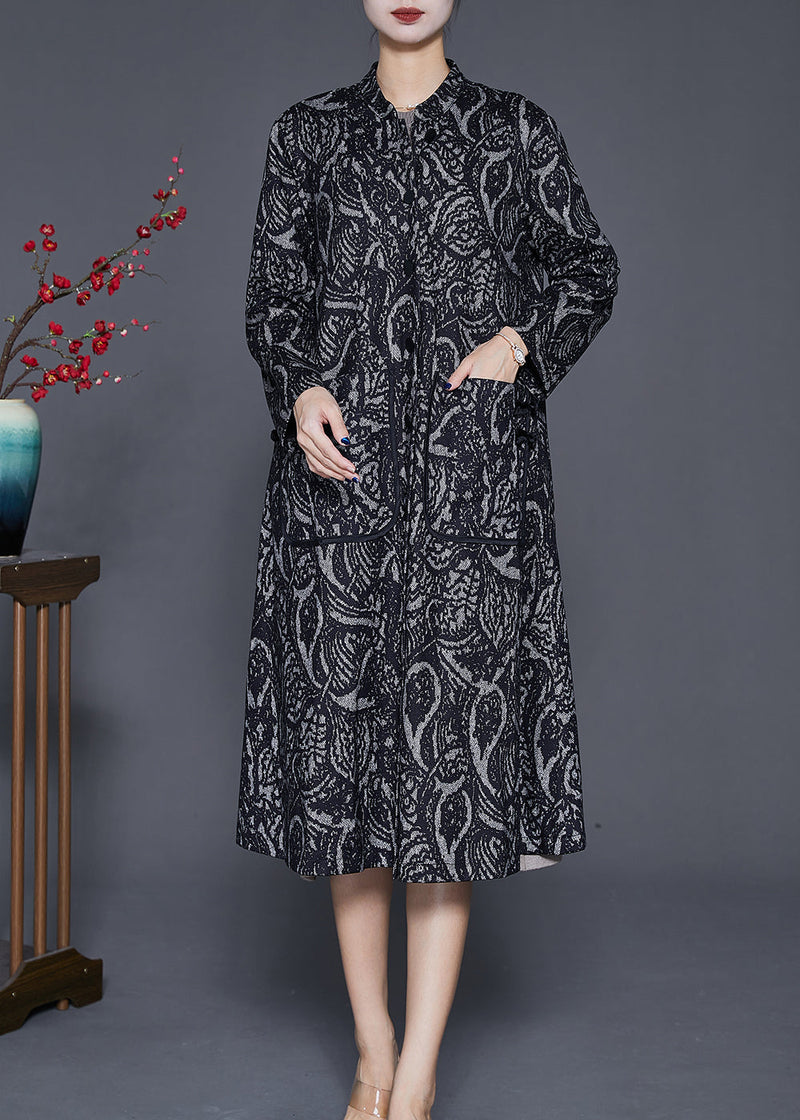 Black Oversized Print Cotton Trench Coats Fall