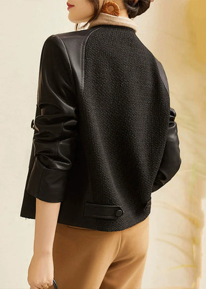 White O-neck Woolen Patchwork Pockets Sheepskin Coats Long Sleeve