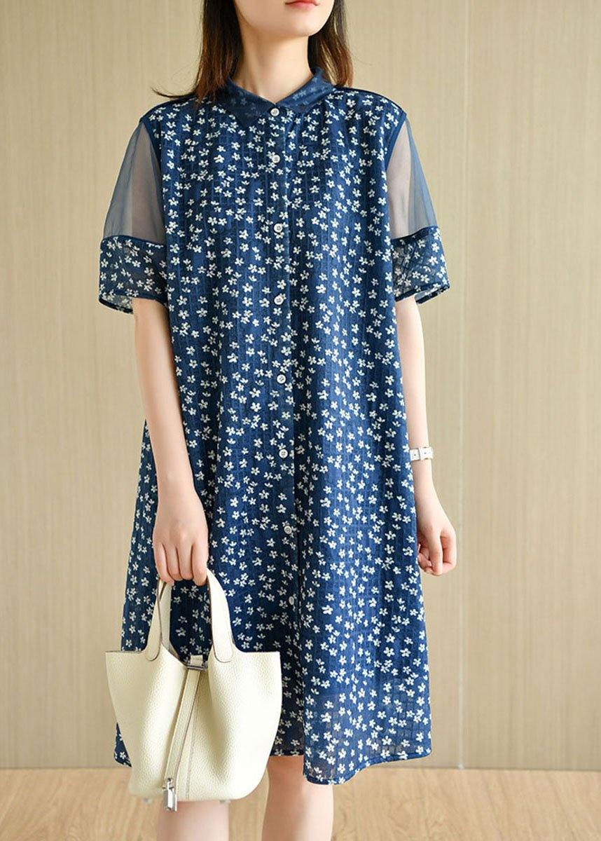 Modern Navy Peter Pan Collar Button Patchwork Tulle Summer Dresses Short Sleeve