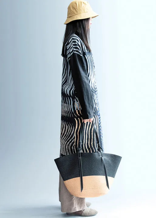 Black Peter Pan Collar Patchwork Linen Shirts Tops Spring