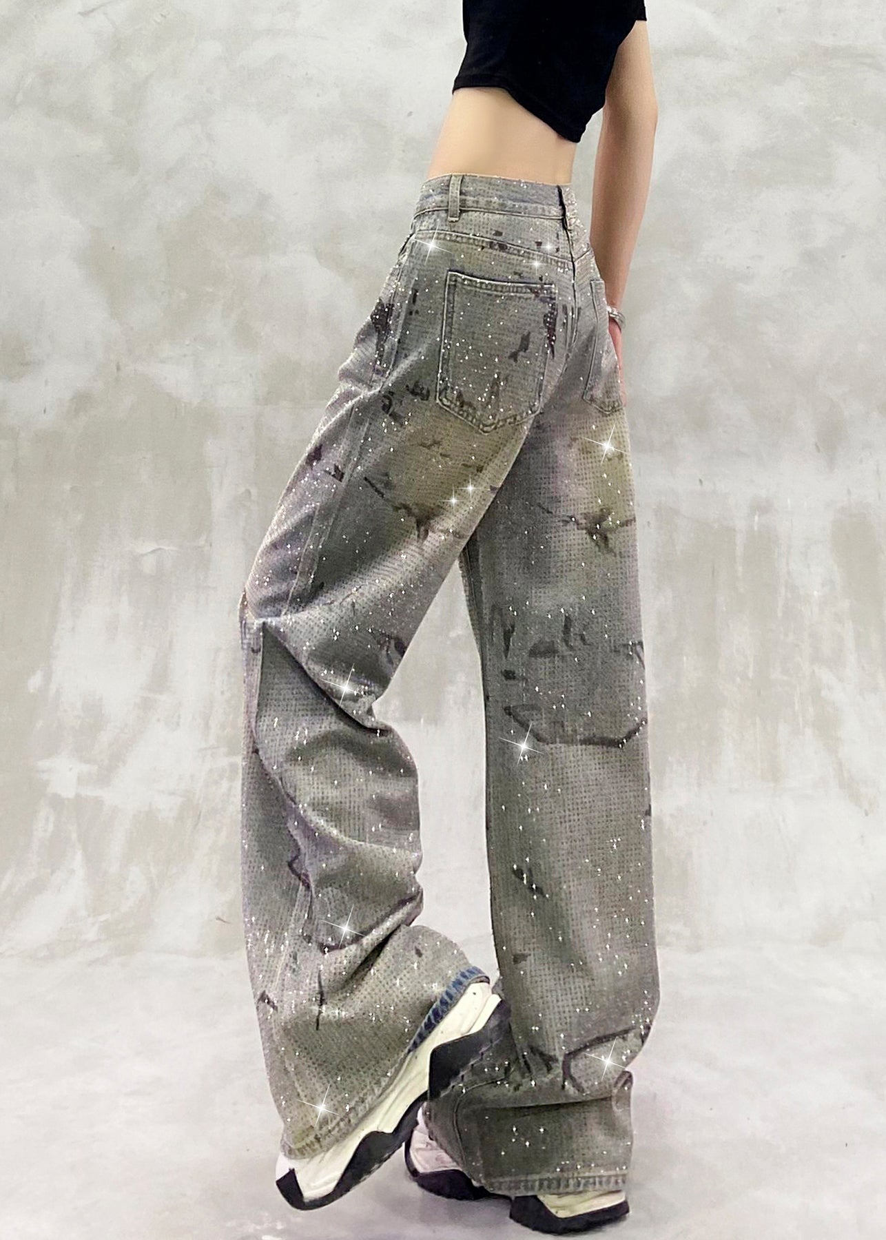 Blue Pockets Zircon High Waist Denim Pants Fall