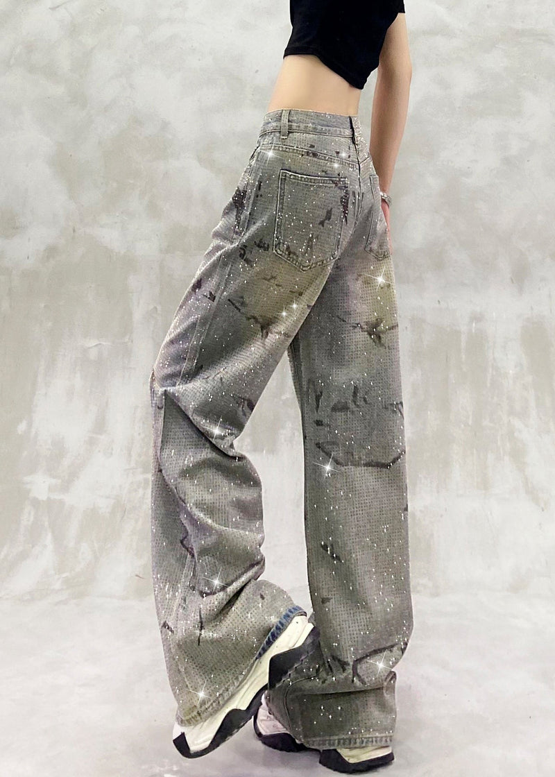 Blue Pockets Zircon High Waist Denim Pants Fall