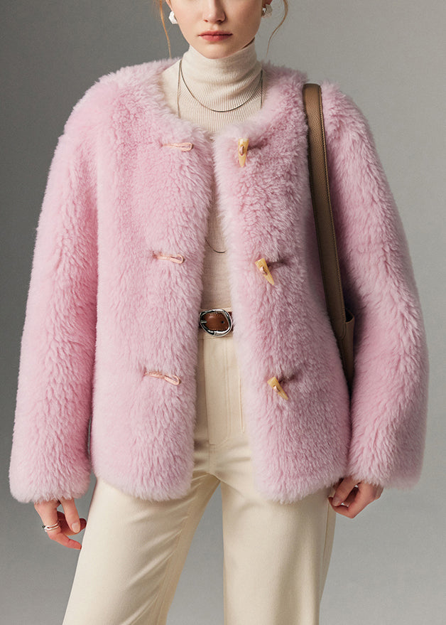 Pink O Neck Button Woolen Coats Winter