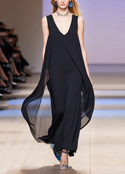 French Black Oversized Draping Chiffon Maxi Dresses Sleeveless Summer