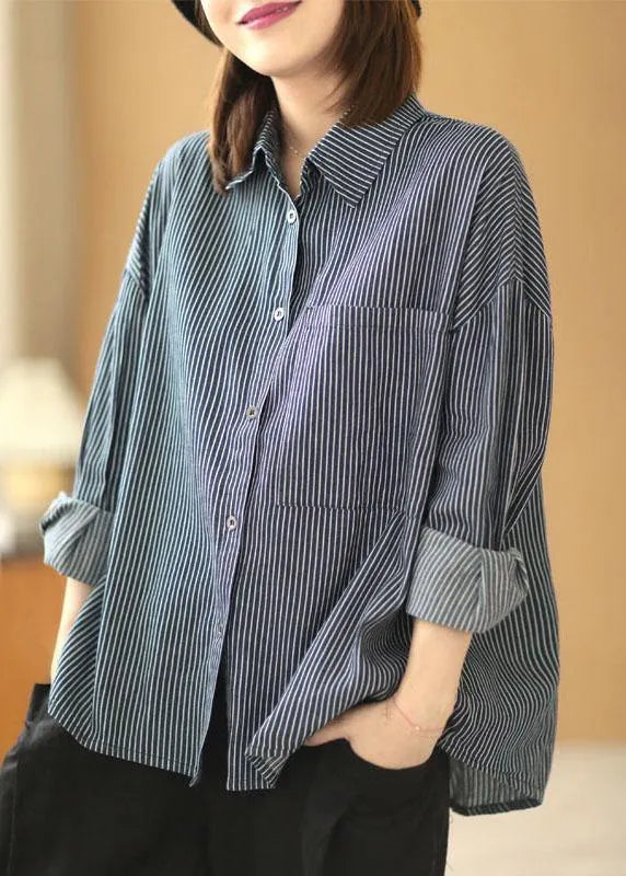 Italian Navy Striped Peterpan Collar Button Pockets Fall Top Long Sleeve