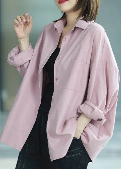 Pink Peterpan Collar Button Pockets Fall Shirt Long Sleeve