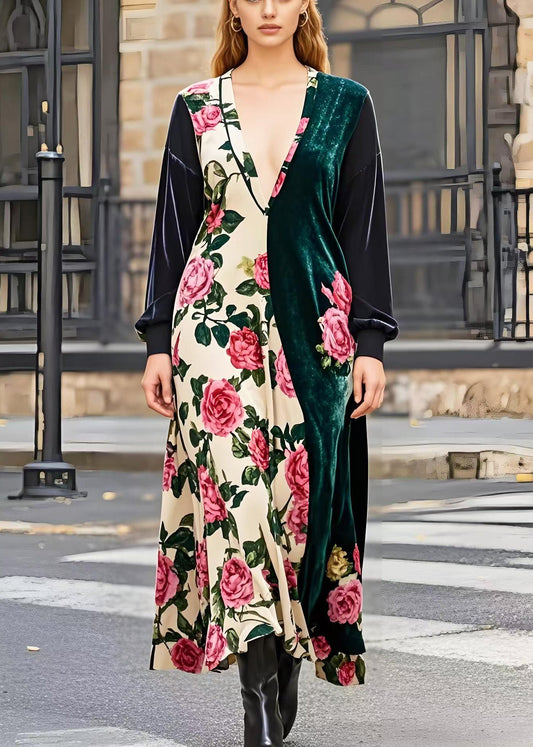 Asymmetrical Patchwork Silk Velour Maxi Dresses Spring