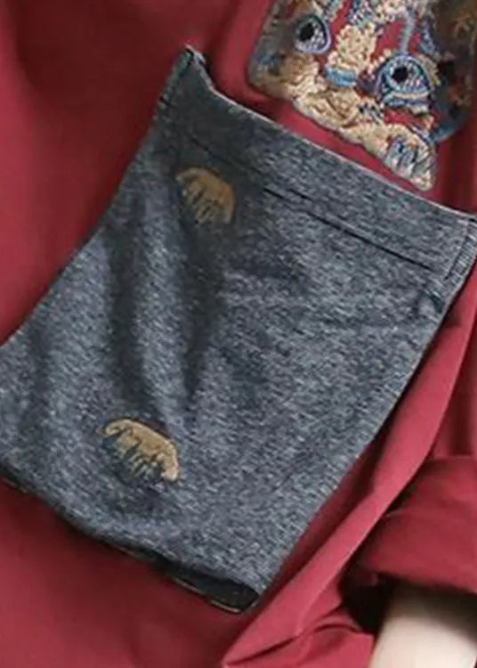 Art Red O-neck Embroideried Pockets Cotton Sweatshirt Long Sleeve