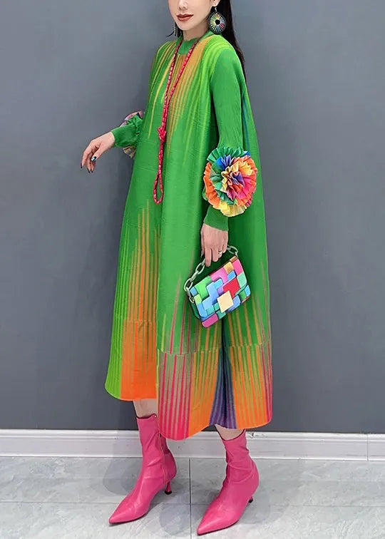 Green O Neck Decorated Cotton Dress Spring