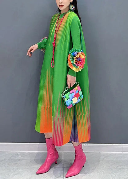 Green O Neck Decorated Cotton Dress Spring