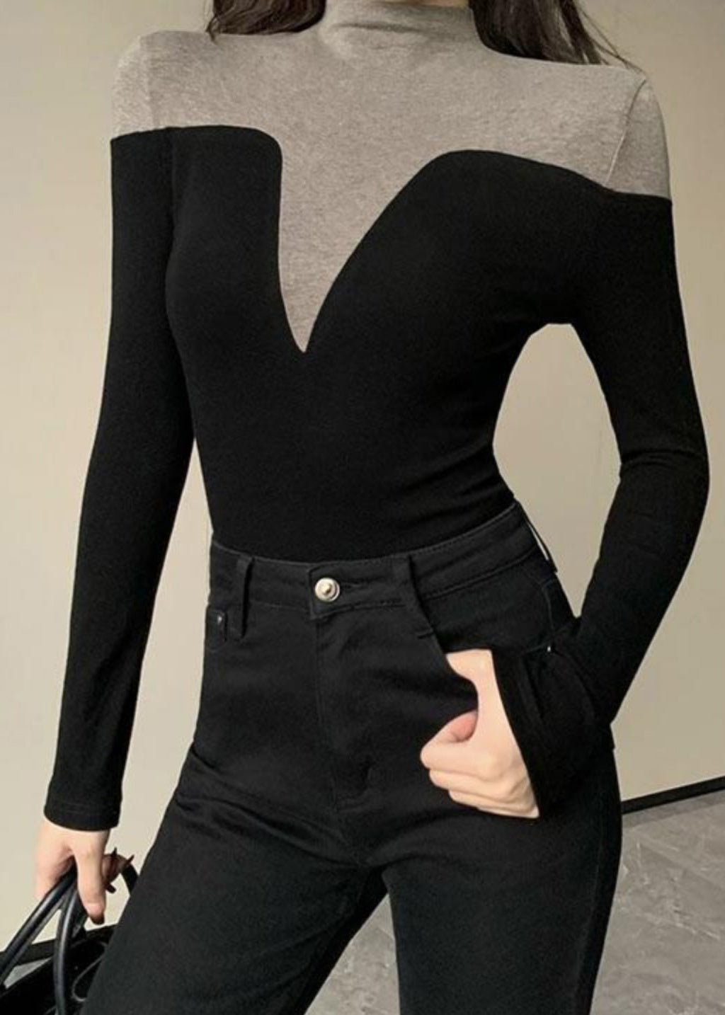 Black Stand Collar Patchwork Cotton Tops Spring
