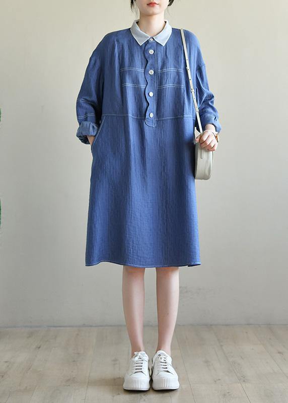 French Blue Long Sleeve Patchwork Button Dress Spring
