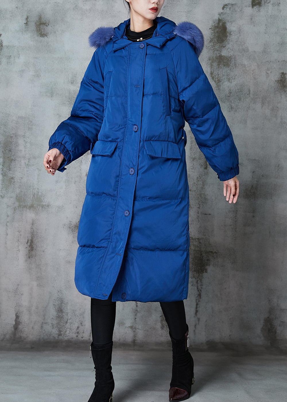 Blue Oversized Cotton Blend Puffers Jackets Winter