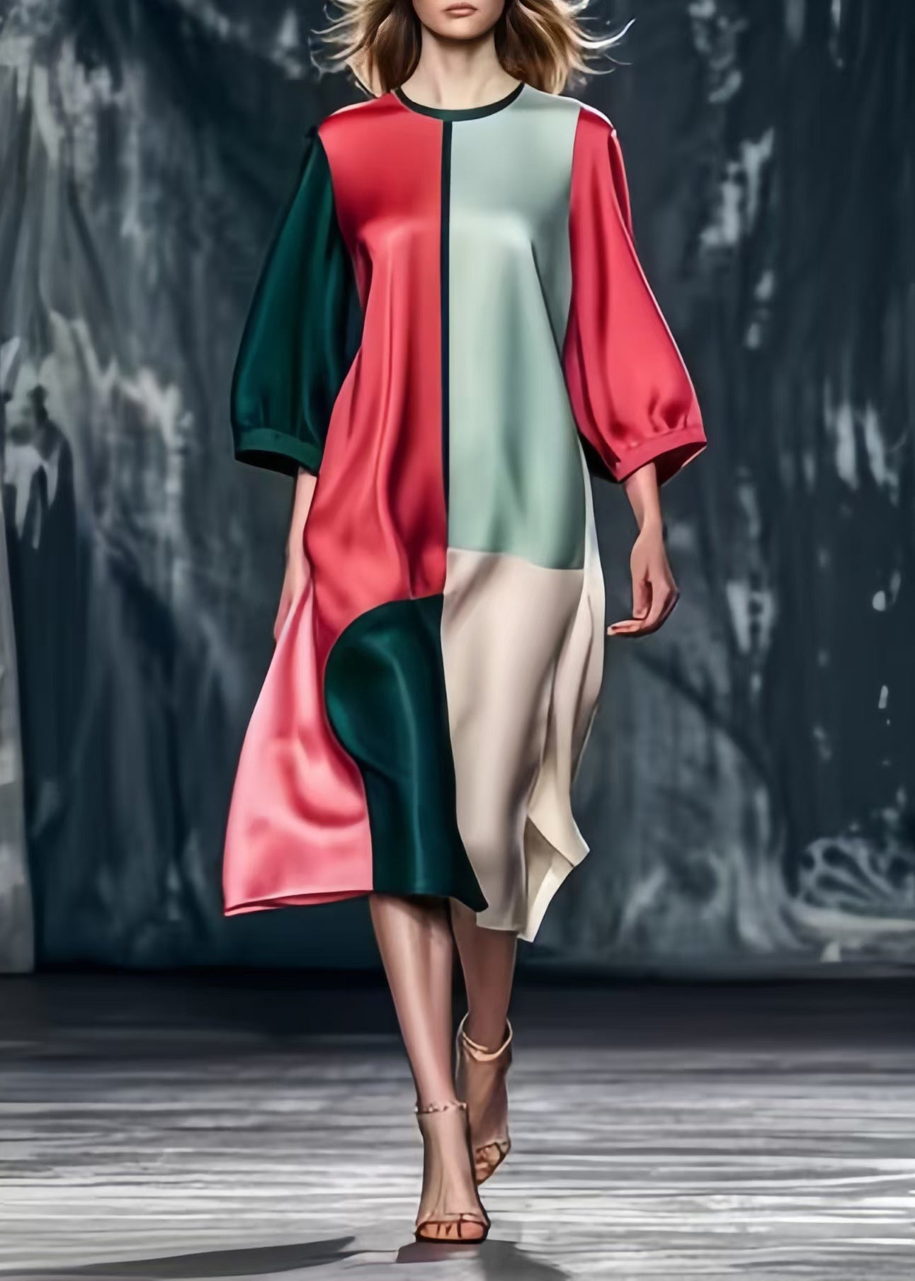 Mulberry Patchwork Silk Dresses Asymmetrical Bracelet Sleeve Spring