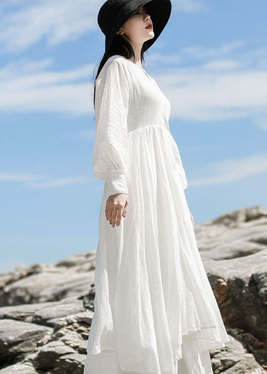 White V Neck Patchwork Maxi Dresses Spring