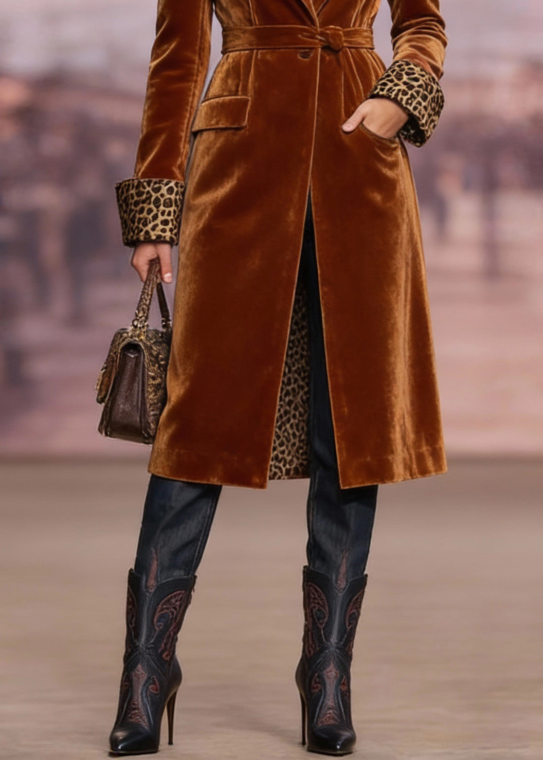 Brown Peter Pan Collar Pockets Velvet Trench Spring