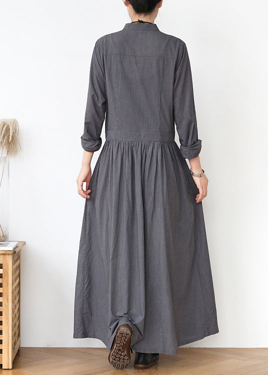 Grey Stand Collar Striped Cotton Shirts Dress Fall