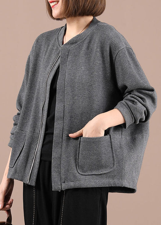 Grey Knit Zippered Patchwork Fall Long Sleeve Jackets