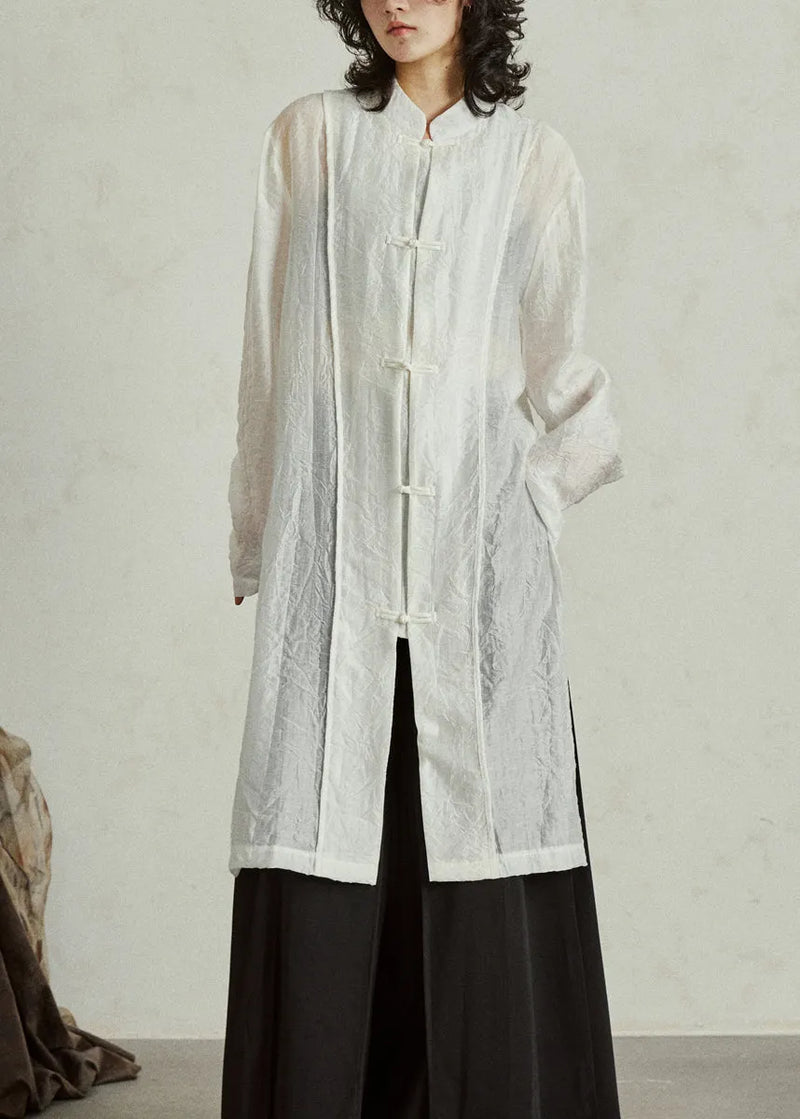 White Stand Collar Organza Maxi Shirt Fall