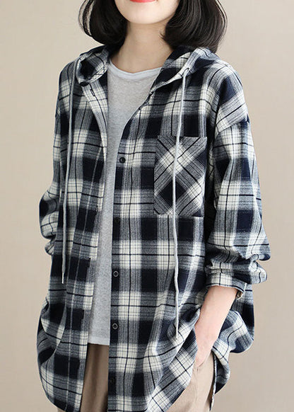 Style Black White Plaid Hooded Button Fall Top Long Sleeve