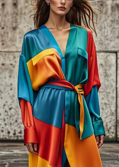Colorblock Asymmetrical Patchwork Tie Waist Silk Dress Spring