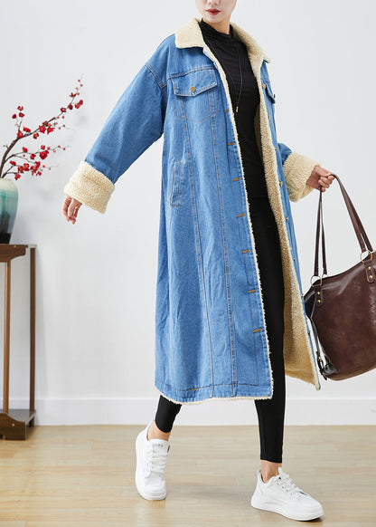 Blue Oversized Thick Fleece Wool Lined Denim Trench Coats Winter