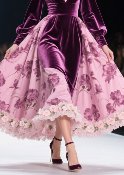 Colorblock Print Lace Silk Velvet Long Dresses Spring