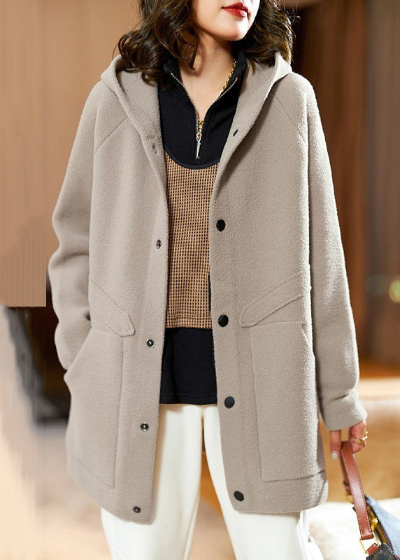 Khaki Hooded Pockets Patchwork Teddy Faux Fur Coat Fall