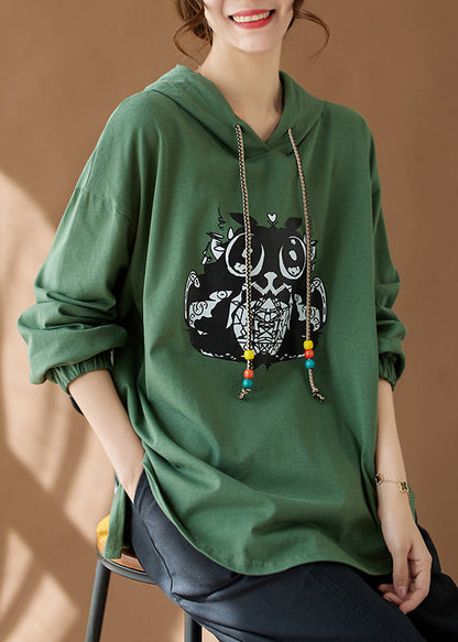 Green Hooded Print Side Open Cotton Top Fall