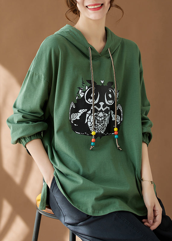 Green Hooded Print Side Open Cotton Top Fall