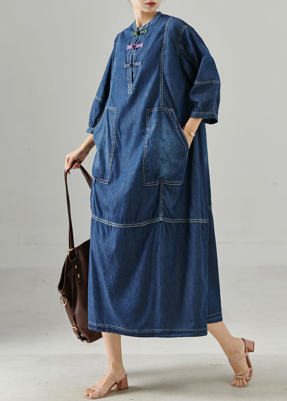 Navy Oversized Chinese Button Denim Dress Bracelet Sleeve Spring