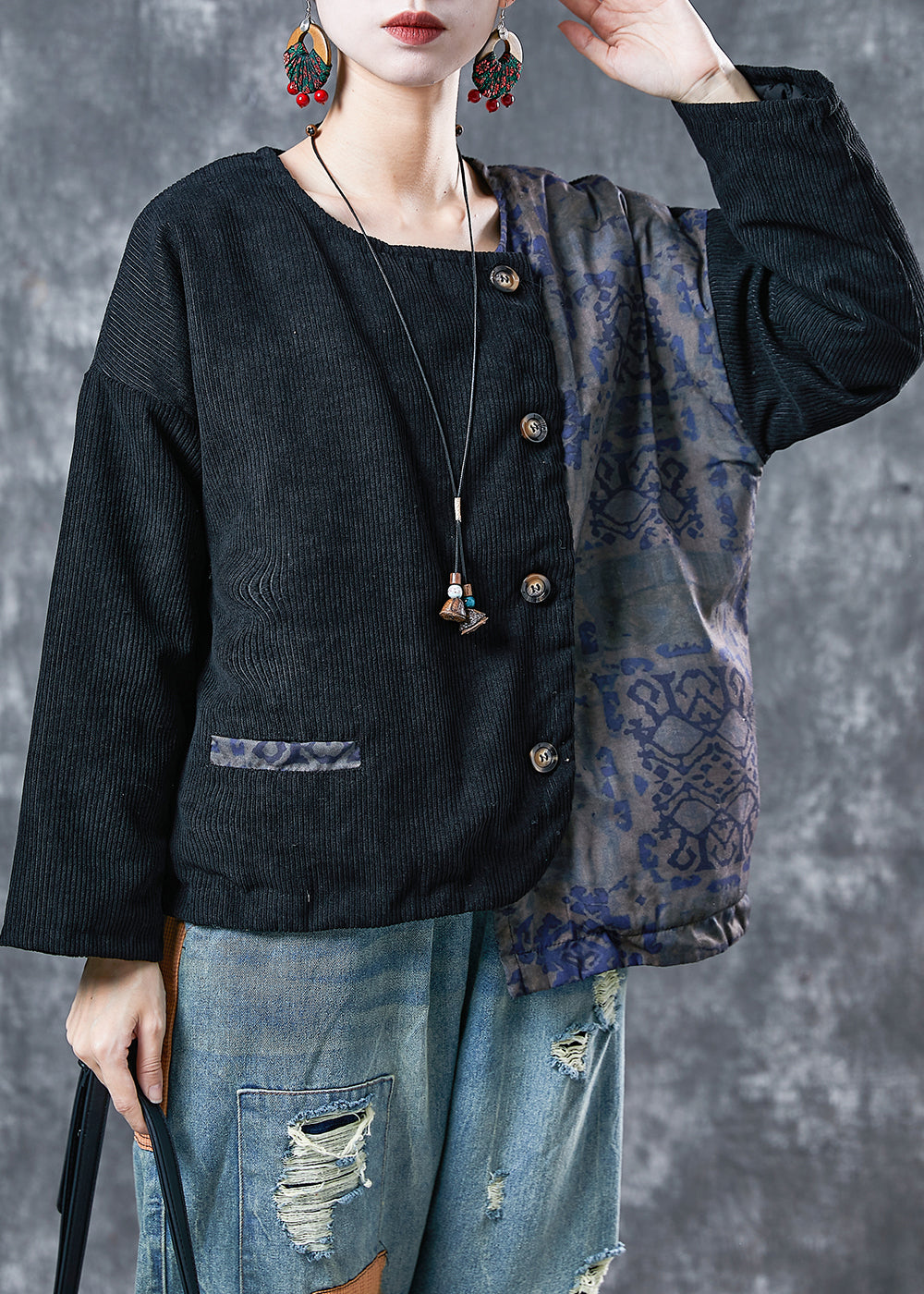 Black Asymmetrical Patchwork Fine Cotton Filled Coats Winter