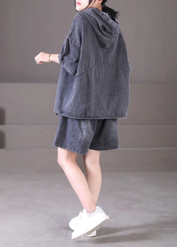 Dark Grey Hooded Elastic Waist Pockets Cotton Denim Two Piece Set Outfits Summer