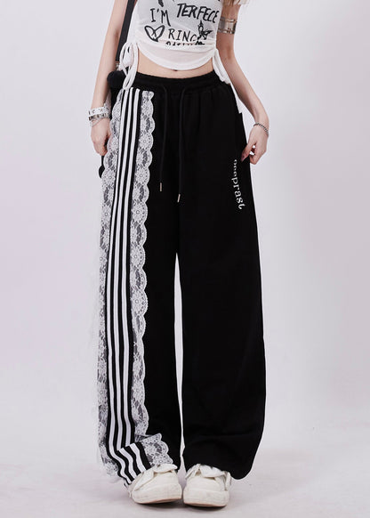 Black Pockets High Waist Lace Up Patchwork Pants Fall