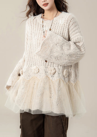 Apricot Pearl Tulle Patchwork Knit Sweaters Hollow Out