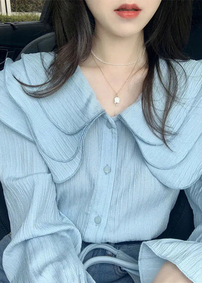 Light Blue Peter Pan Collar Wrinkled Chiffon Blouse Top Long Sleeve