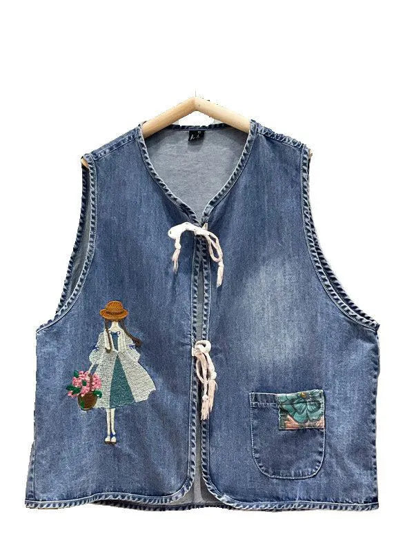 Organic Blue Embroideried O-neck Pocket Lace Up Cotton Vest Tops Sleeveless