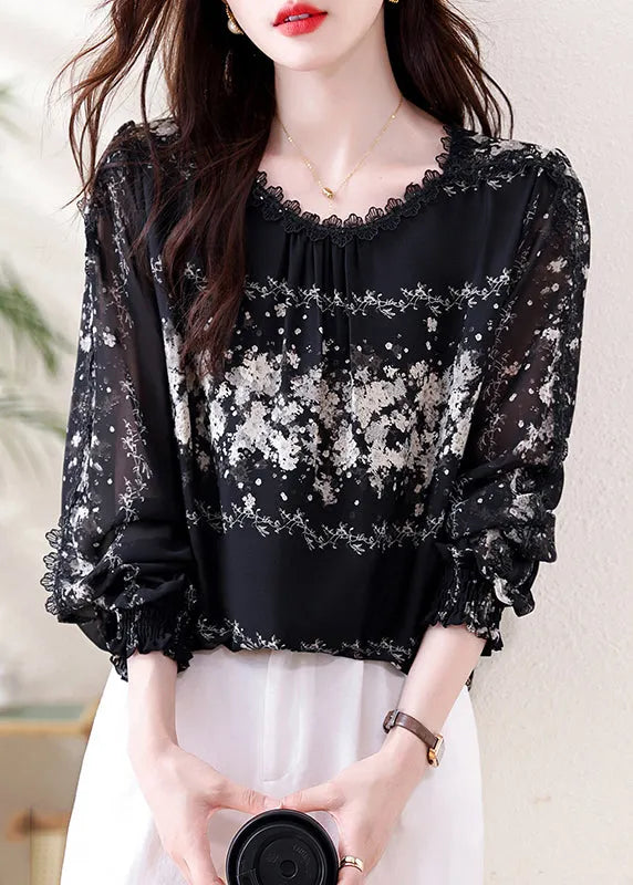 Italian Black Print Draping Chiffon Tops Fall
